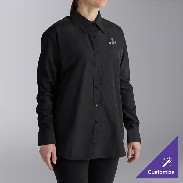 A woman wearing a black Henry Segal dress shirt.