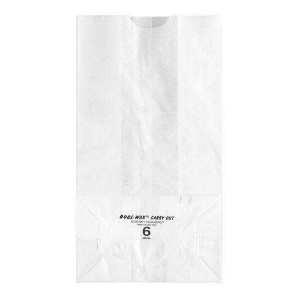 A white paper bag with a flat bottom and printed text near the base.