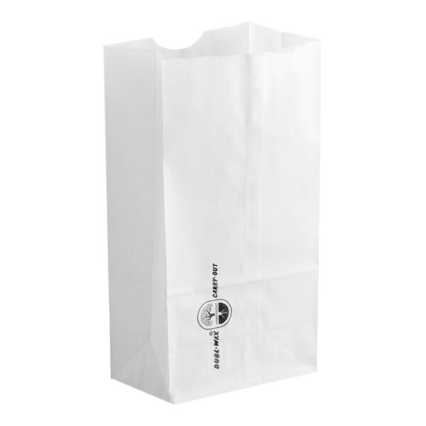 A white paper bag with a small black logo and text printed vertically on the front.