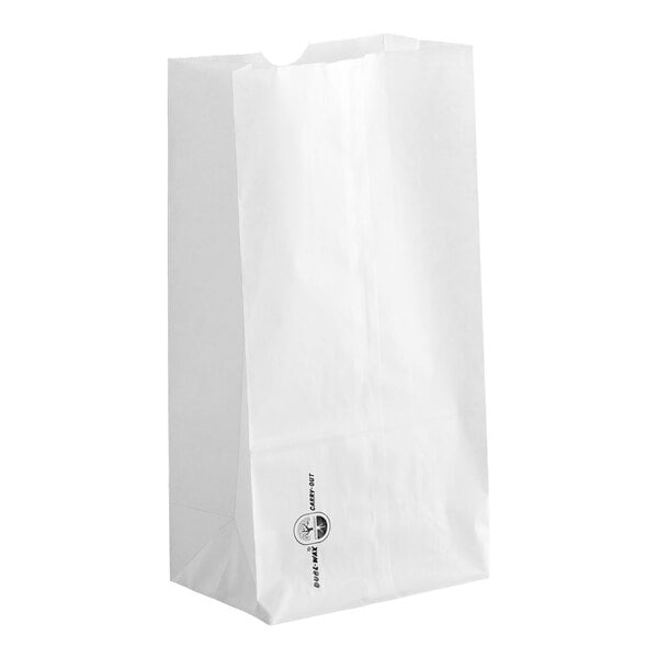 A plain white paper bag standing upright with a small printed logo and text near the bottom.