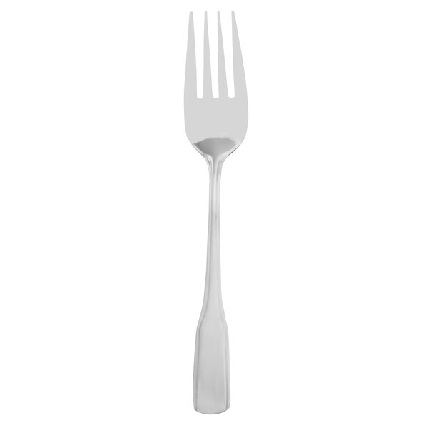 A silver fork with a black handle on a white background.