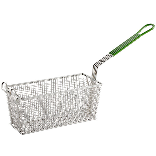 A Prince Castle fry basket with a green handle.