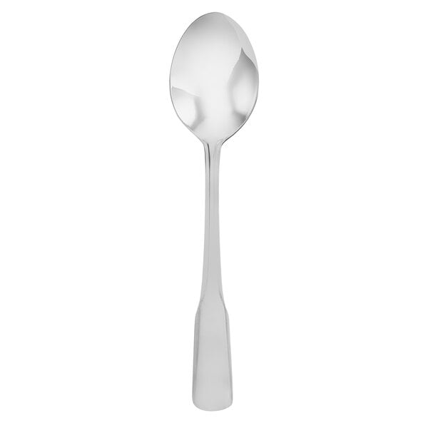 A silver Walco Old Country teaspoon with a black top handle.