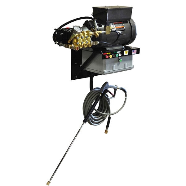 A Cam Spray economy wall mount cold water pressure washer with hose attached to it.
