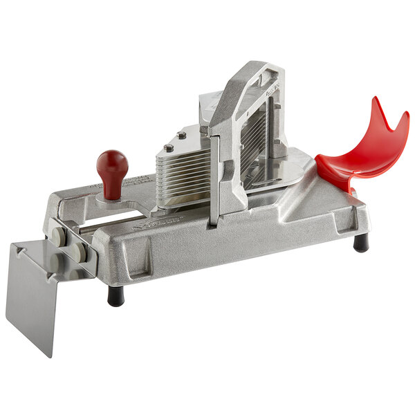 A silver and red Prince Castle tomato slicer with a red plastic slide.