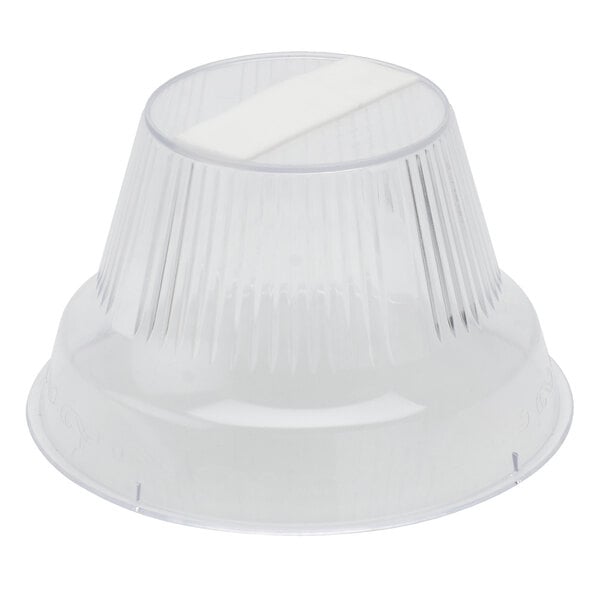 A clear plastic container with a white band.