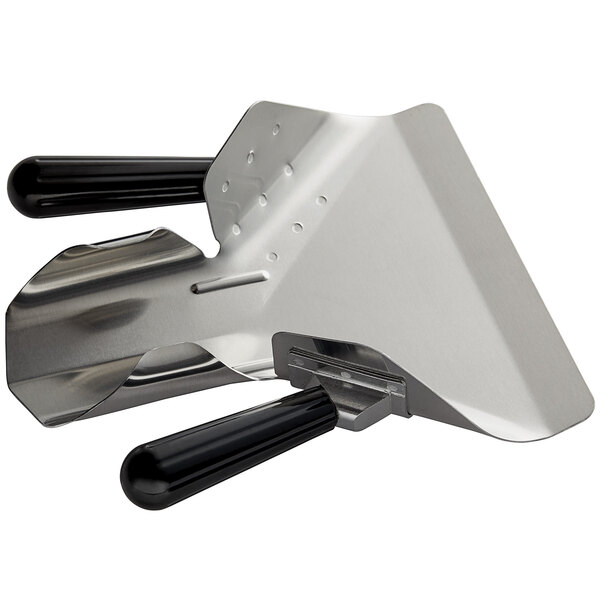 A Prince Castle aluminum French fry bagging scoop with dual black handles.