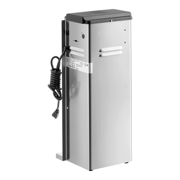 A stainless steel countertop frozen dessert mixer with a coiled power cord and a rectangular design.