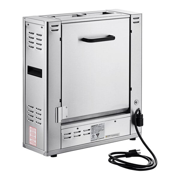 A silver rectangular Prince Castle commercial toaster with a black handle.