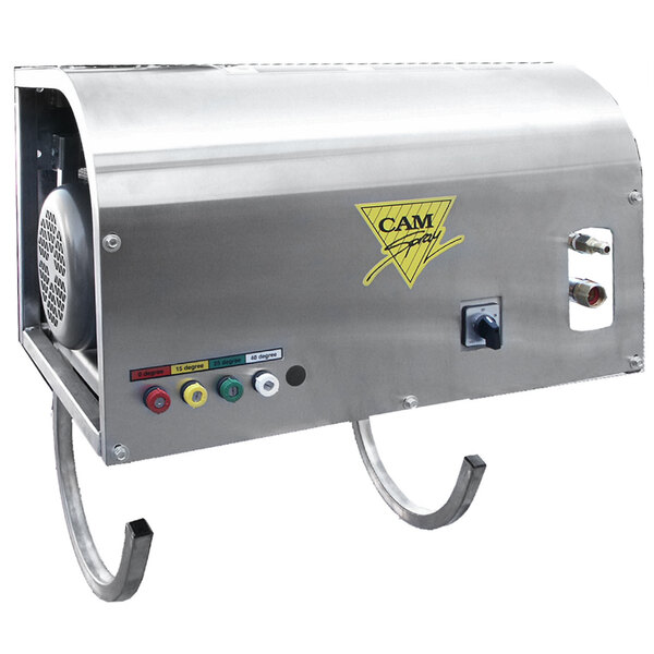 A silver Cam Spray wall mount pressure washer with buttons and switches and a yellow logo.