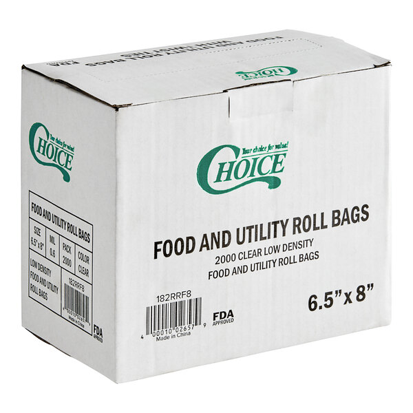 A white box of Choice plastic food bags on a roll.