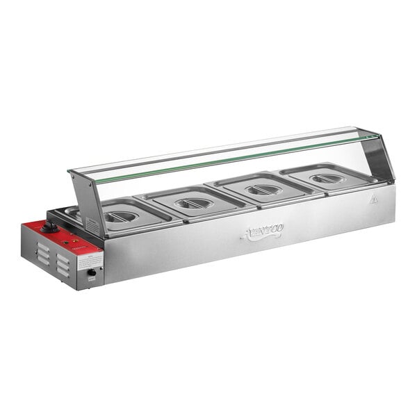A stainless steel electric bain marie buffet countertop food warmer with four half-size wells and a glass sneeze guard.