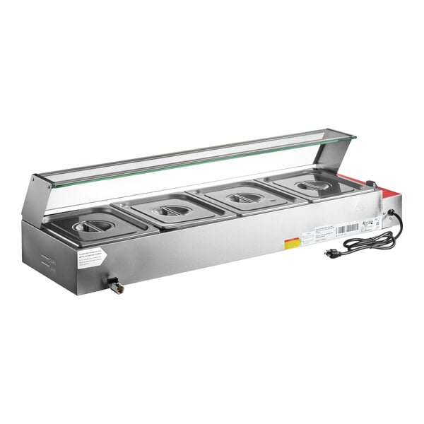 A stainless steel electric bain marie buffet countertop food warmer with four half-size wells and a glass sneeze guard.