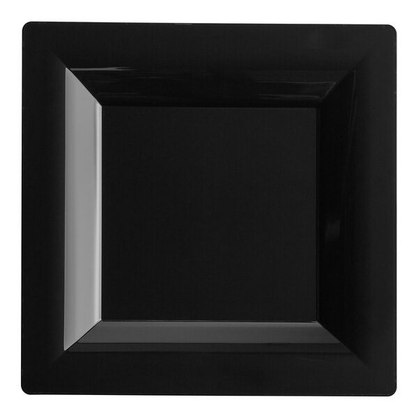A black square plastic dinner plate with a white border.