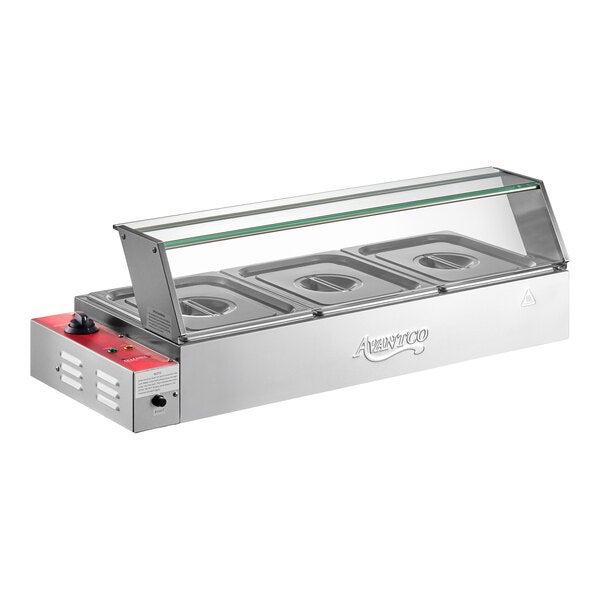 A stainless steel electric bain marie buffet countertop food warmer with three half-size wells and a glass sneeze guard.