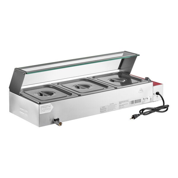 An electric bain marie buffet countertop food warmer with three half-size wells, a glass sneeze guard, and a power cord.