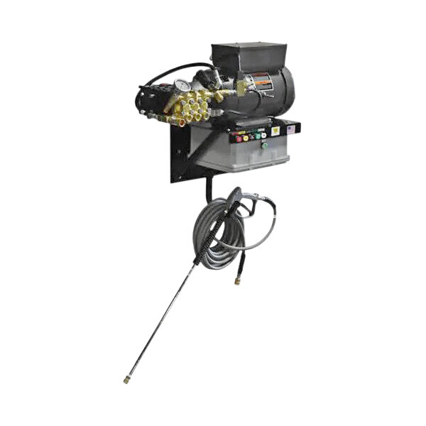 A white Cam Spray wall mounted pressure washer with hoses and dials.
