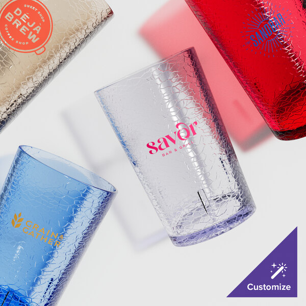 A close-up of a clear Cambro plastic tumbler.