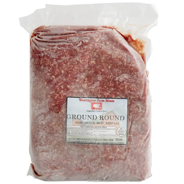 A bag of Warrington Farm Meats frozen ground round beef.