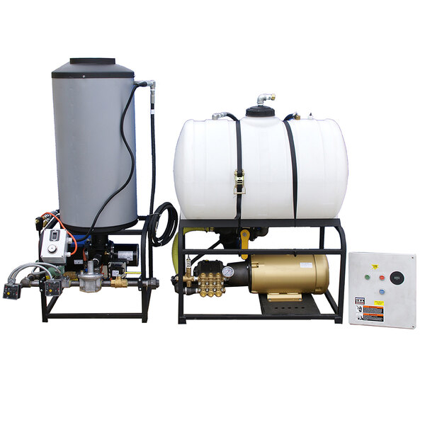 A Cam Spray stationary LP gas fired electric hot water pressure washer with a hose and pump.