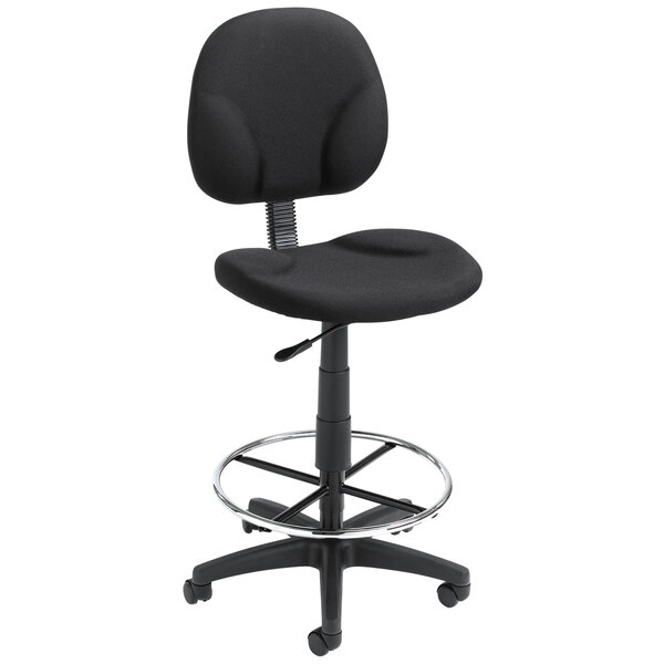 A Boss black fabric drafting stool with a chrome base.