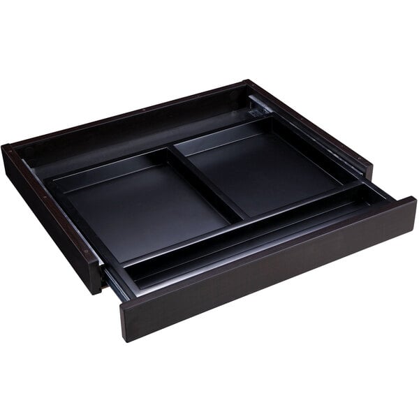 A black laminate center drawer for a desk with two compartments.