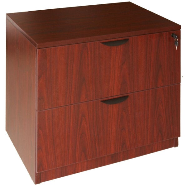 A mahogany laminate Boss file cabinet with two drawers.