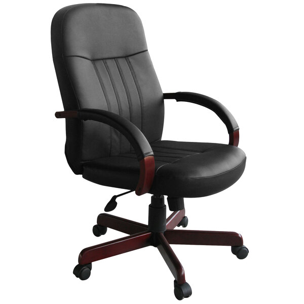 A Boss black leather office chair with wooden arms and wheels.