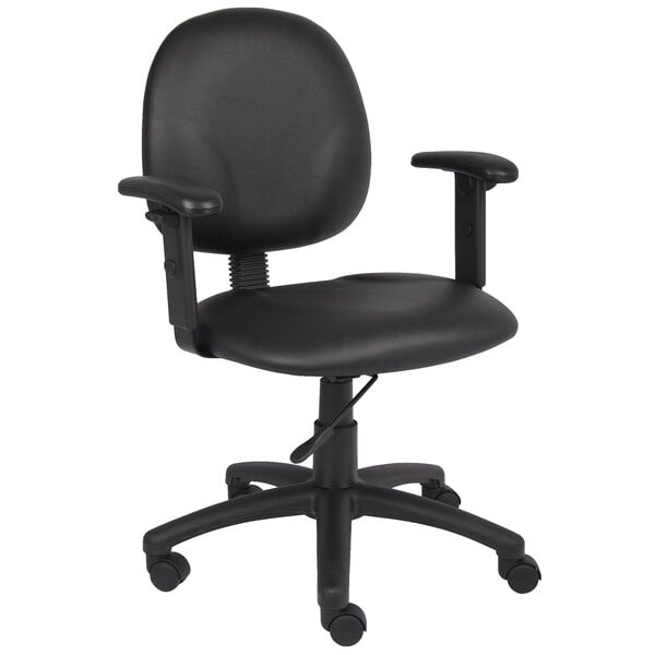 A black Boss office chair with wheels and arms.