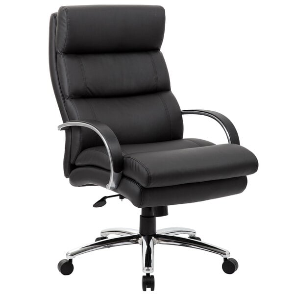 A Boss black leather office chair with chrome arms and wheels.