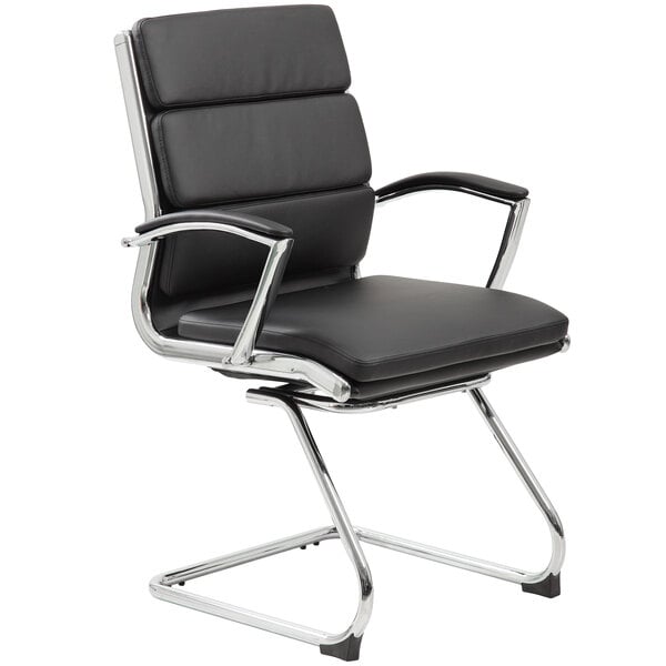 A Boss black leather office chair with chrome legs.