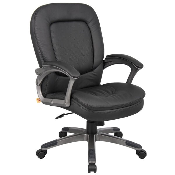 A Boss black office chair with chrome arms and wheels.