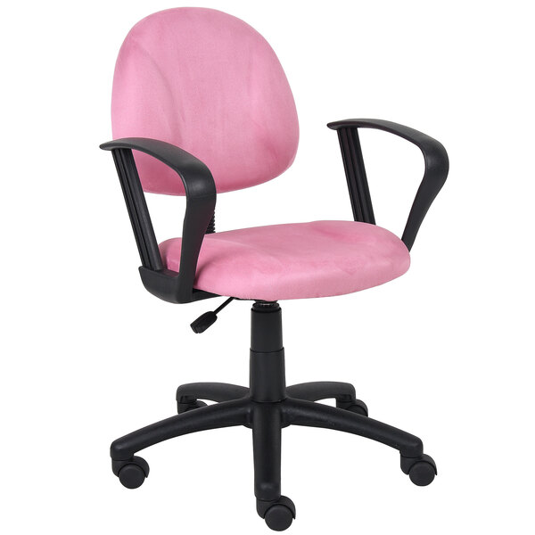 A pink office chair with black arms.