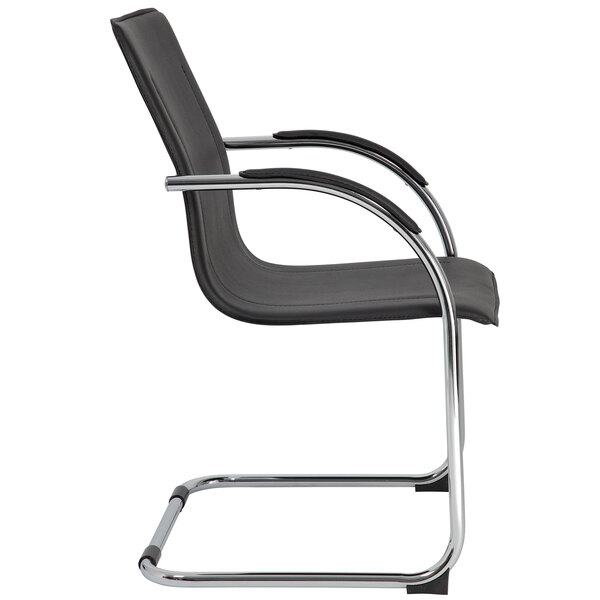 A pack of 4 black Boss side chairs with chrome legs and black vinyl seats.