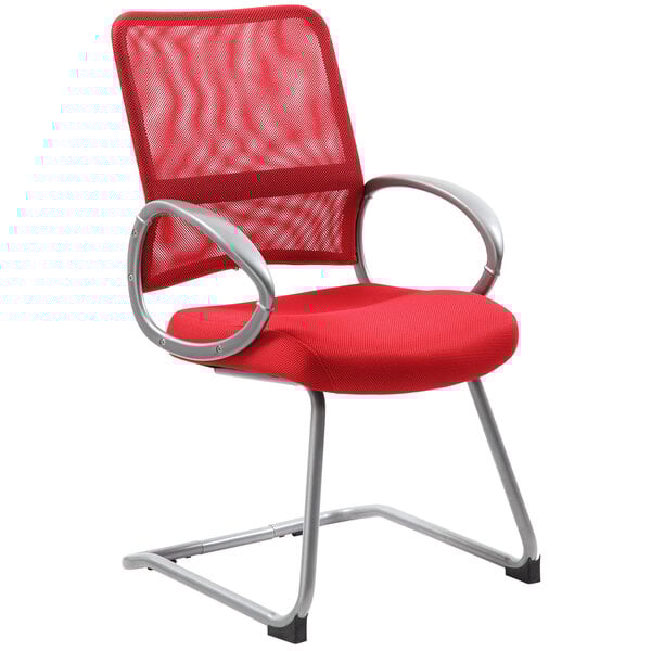 A red Boss office chair with mesh back and metal base.