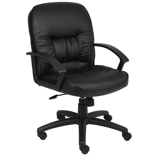 A Boss black leather office chair with wheels and arms.