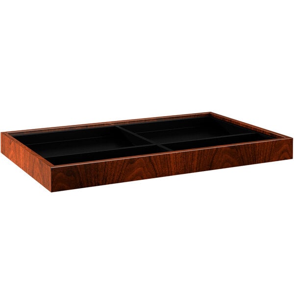 a wooden box with a black shelf