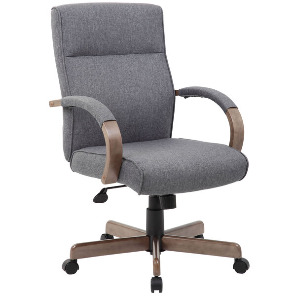 a grey office chair with wooden arms