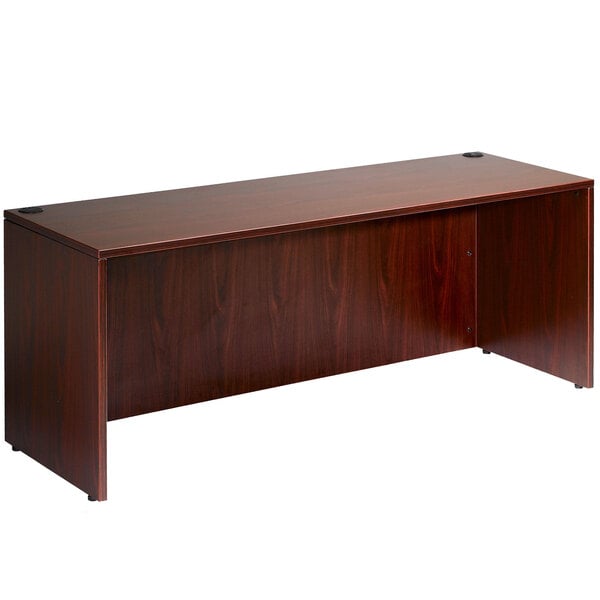 A long rectangular brown mahogany laminate desk.