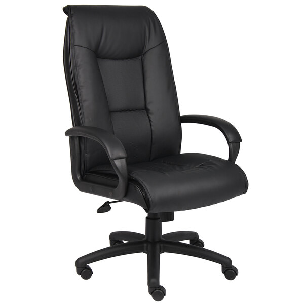 A black Boss LeatherPlus office chair with arms and wheels.