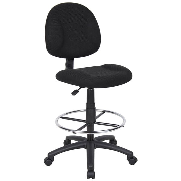 A Boss black armless drafting stool with a black seat and back on a chrome base.