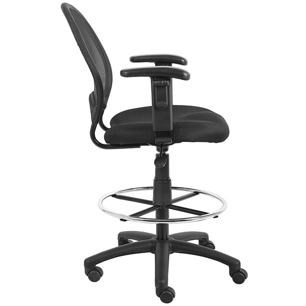 A Boss black mesh drafting stool with black seat and backrest on a chrome base.