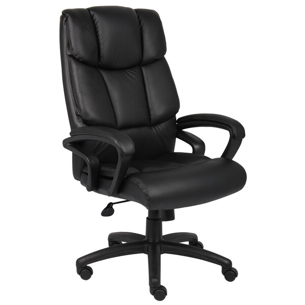 A Boss black leather executive chair with wheels.