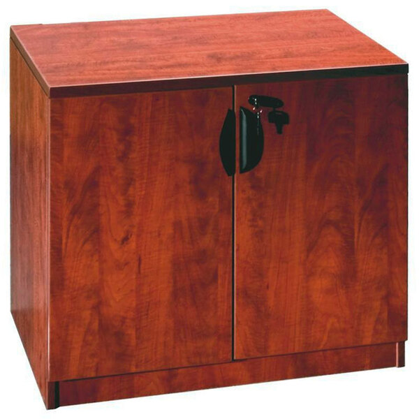 A cherry laminate Boss storage cabinet with two doors and a lock.