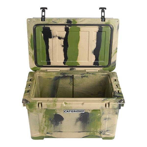a camouflaged cooler with lid open