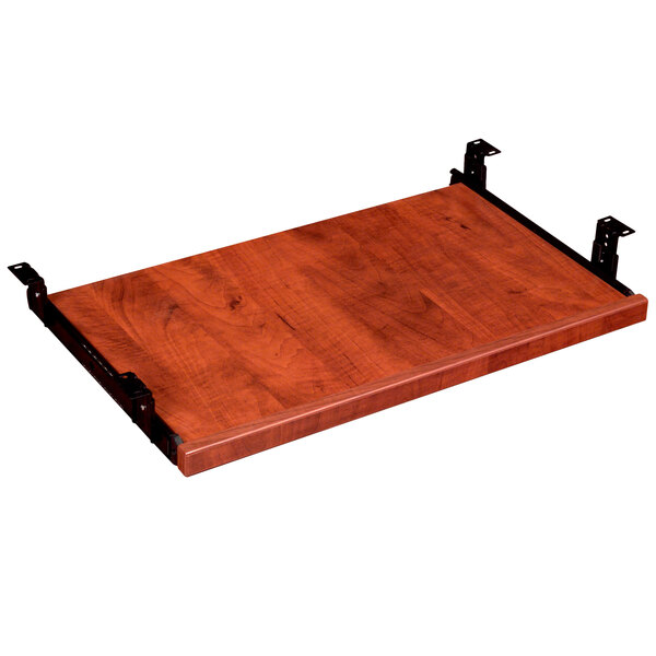 A cherry laminate Boss keyboard tray with black metal brackets.