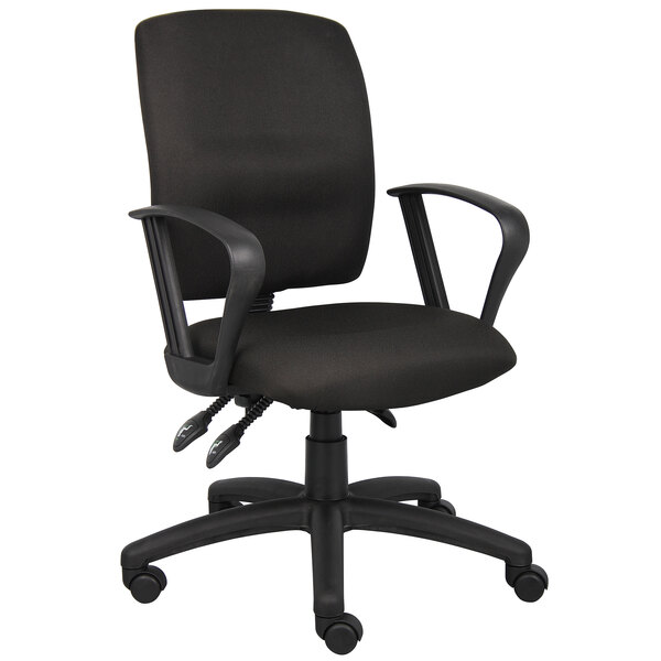 A Boss black fabric office chair with loop arms.