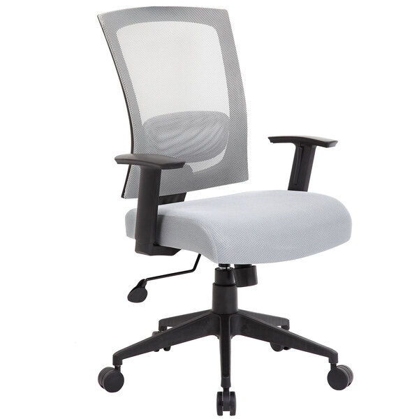 A Boss gray mesh office chair with black wheels and base.