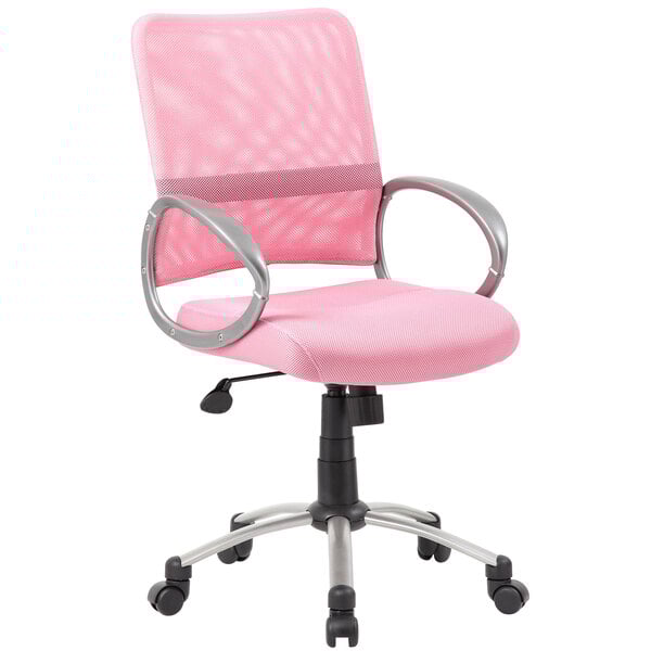 A pink Boss office chair with a grey base and wheels.