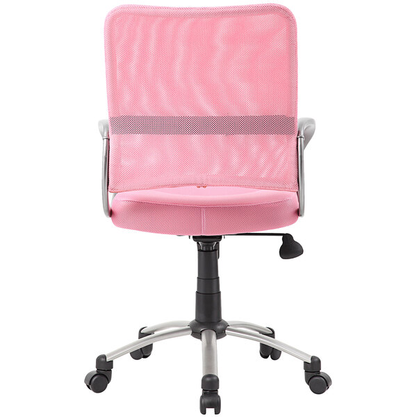 a pink office chair with a mesh back